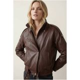 Lebeni Kahverengi Gerçek Kuzu Derisi Kadın Deri Ceket – Modern Biker Bomber Stil