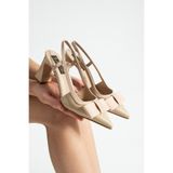 Lebibe Shoes LERINDA Kadın Bej Sivri Burun Rugan Slingback 7 cm Topuk Fiyonklu Klasik Ayakkabı