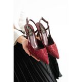 Lebibe Shoes LISA Kadın Bordo Sivri Burun 7 cm Topuklu Çiçek Dantel Desenli Rugan Slingback Ayakkabı