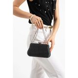 Lebibe Shoes Polkıa Siyah Saten Kumaş Puantiye Desenli Zincir Askılı Klips Kapamalı Clutch Çanta