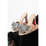 Lebibe Shoes SERAVIA Kadın Bej Kadife Taşlı Fiyonklu 9 cm Topuklu Abiye Terlik