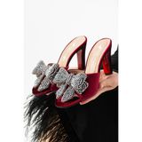 Lebibe Shoes SERAVIA Kadın Bordo Kadife Taşlı Fiyonklu 9 cm Topuklu Abiye Terlik