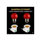 Led Açma Kapama Anahtarlı Duy Fişli + 1w Tasarruflu Renkli E27 Led Gece Lambası Kırmızı Işık 2 Adet