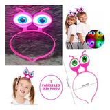 Led Işıklı &amp; Pilli 3 Farklı Modda Yanan Uzaylı Göz Parti Tacı Pembe Renk 18x12 cm