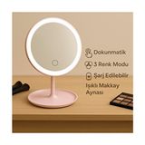 LED Işıklı Dokunmatik Makyaj Aynası Pembe Cam Tasarım 360° Döner Başlık ile Şık Kullanım