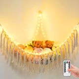 LED Işıklı Doldurulmuş Hayvan Hamak Önceden Takılmış, 11.8Ft 75 LED'li 55 inç Oyuncak Depolama Makrome Hamak, Çocuk Yatak Odası Bebek Odası Köşe Organizatörü, Uzaktan Kumandalı USB Peluş Oyuncak Hamak