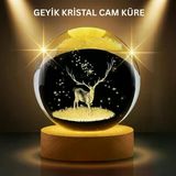 Led Işıklı Geyikli Kristal Küre Ahşap Standlı Dekor Lamba