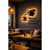 Led Işıklı Kişiye Özel Demlik ve Çay Fincanı Figürlü Tablo Mutfak Ve Cafe Duvar Dekorasyonu Sarı 60 cm