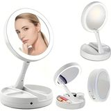 LED Işıklı Makyaj Aynası, 10X Büyüteç, Katlanabilir Tasarım, USB Şarjlı, 15.5cm Çap, Beyaz