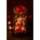 LED Işıklı Mika Fanus Içinde Gül ve Lüx Peluş Ayıcık – 20 cm Sevgiliye Hediye - 001-Renkli