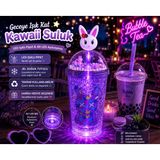 Led Işıklı Pipetli Kawaii Chibi Sevimli Tavşan Figürlü Çift Katmanlı İçecek Bardağı Suluk 450 Ml Mor