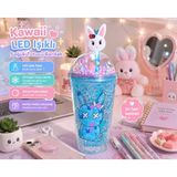 Led Işıklı Pipetli Kawaii Chibi Sevimli Tavşan Figürlü Çift Katmanlı İçecek Bardağı Suluk 450Ml Mavi