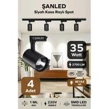 Led Siyah Kasa Beyaz Işık 35W Raylı Spot / 4 Adet 1 Metre Ray