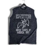 LED Zeppelin Baskılı Yıkamalı Kolsuz Tişört, Unisex Rock Band Temalı Sıfır Kollu Retro Atlet - Siyah - 3XL