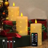 LEDHOLYT Alevsiz mum seti, titreyen LED sütun mum, pirinç tel ışıklı, uzaktan kumanda ve zamanlayıcı, yükseltilmiş gözyaşı damlası fitili, dahili pil şarj edilebilir elektronik mum, 3'lü set