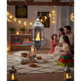 Ledli Asmalı Eskitme Model Dekoratif Fener 20 Cm Gümüş Kendinden Pilli