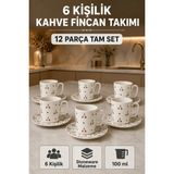 L'edoren 6 Kişilik Seramik Kahve Fincan Takımı Yuvarlak Sunum Tabaklı Porselen Türk Kahvesi Fincan Seti - 001 - Beyaz - 100 ml