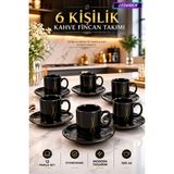 L'edoren 6 Kişilik Seramik Kahve Fincan Takımı Yuvarlak Sunum Tabaklı Porselen Türk Kahvesi Fincan Seti - 01-Siyah - 100 ml