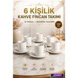 L'edoren 6 Kişilik Seramik Kahve Fincan Takımı Yuvarlak Sunum Tabaklı Porselen Türk Kahvesi Fincan Seti - Beyaz - Bordo - 100 ml