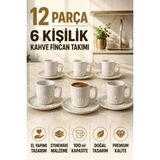 L'edoren 6 Kişilik Seramik Kahve Fincan Takımı Yuvarlak Sunum Tabaklı Porselen Türk Kahvesi Fincan Seti - Beyaz - Kahverengi - 100 ml