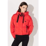 Lee Regular Fit Normal Kesim Kapüşonlu Dik Yaka Kadın Crop Kırmızı Şişme Mont