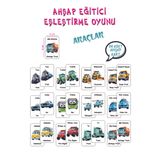 Leelii Tasarım Araçlar Ahşap Hafıza Eşleme Kartları 12 Araç 24 Kart Türkçe - İngilizce Hafıza Oyunu