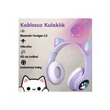 LEERFEI Kablosuz Işıklı Kedili Kulaklık, Ledli, Çocuk Oyuncu Kulaklık, bluetooth 5,3, Mor