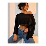 legends butik Kadın Oversize Şifon Tül Kayık Yaka Yarasa Kol Crop Bluz