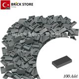 LEGO Yedek Parçalar, 100 Adet 1x2 Tile Düz Fayans Parçası, Koyu Gri ( Dark Bluish Gray), 3069