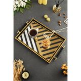 Leila Geometrik Desenli Gold-Siyah Çerçeveli Lüks Sunum Tepsisi 46x28 cm Gerçek Cam