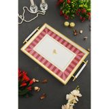 Leila Love Bird Desenli Gold-Beyaz Çerçeveli Lüks Sunum Tepsisi 46x28 cm Gerçek Cam
