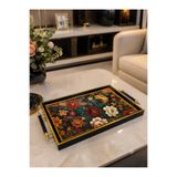Leila Premium Aynalı Efsun Siyah Çerçeveli Dekoratif Tepsi Altın Detaylı 46x28 cm