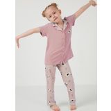 Lela Baskılı Beli Lastikli Gömlek Yaka Kısa Kollu Kız Çocuk Pijama Takımı 6576001 PEMBE
