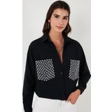 Lela Cepleri Taş Detaylı % 100 Pamuk Oversize Bayan Gömlek 51444781 SİYAH
