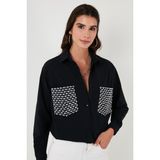 Lela Cepleri Taş Detaylı % 100 Pamuk Oversize Gömlek Bayan Gömlek 51444781 - Siyah