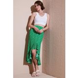 Lela Çiçek Desenli Regular Fit Volanlı Yüksek Bel Midi Boy Yırtmaçlı Bayan Etek 5869012 YEŞİL