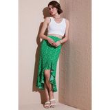 Lela Çiçek Desenli Regular Fit Volanlı Yüksek Bel Midi Boy Yırtmaçlı Etek Bayan Etek 5869012 - Yeşil