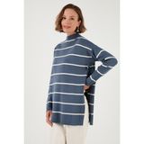 Lela Çizgili Dik Yaka Oversize Triko Kazak Bayan Kazak 4615197Y - Standart - Krem - Indigo
