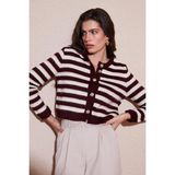 Lela Çizgili Oversize Fit Bisiklet Yaka Düğmeli Crop Triko Bayan Hırka 4615567 BORDO
