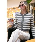 Lela Çizgili Oversize Fit Bisiklet Yaka Düğmeli Crop Triko Bayan Hırka 4615567 GRİ