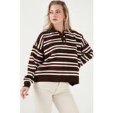 Lela Çizgili Oversize Fit Düğmeli Bayan Polo Yaka Kazak 4615259 KAHVE