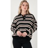 Lela Çizgili Oversize Fit Düğmeli Bayan Polo Yaka Kazak 4615259 SİYAH