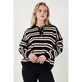 Lela Çizgili Oversize Fit Düğmeli Polo Yaka Kazak Bayan Polo Yaka Kazak 4615259 - Siyah - Standart