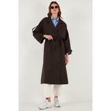 Lela Çizgili Oversize Kruvaze Yaka Kuşaklı Uzun Trençkot Bayan Trençkot 6839583 - Kahve - Standart