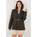 Lela Çizgili Yün Karışımlı Oversize Fit Kruvaze Yaka Kemerli Bayan Ceket 6839634 VİZON