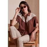 Lela Dantelli Relaxed Fit Kısa Kollu Bayan Gömlek 5865764 KAHVE
