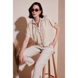 Lela Dantelli Relaxed Fit Kısa Kollu Bayan Gömlek 5865764 TAŞ
