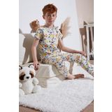 Lela Desenli % 100 Pamuk Bisiklet Yaka Erkek Çocuk Pijama Takımı 6651003 EKRU-SARI