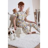 Lela Desenli % 100 Pamuk Bisiklet Yaka Pijama Takımı Erkek Çocuk Pijama Takımı 6651003 - Ekru - Sarı - 3 - 4 Yaş