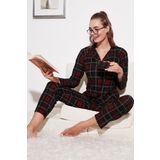 Lela Desenli Beli Lastikli Gömlek Yaka Dokuma Bayan Pijama Takımı 6095660W4 ANTRASİT-KIRMIZI